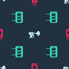 Set Bottle of shampoo, Hairdresser pistol spray bottle and Barber shop pole on seamless pattern. Vector