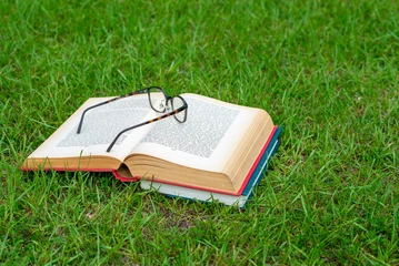 Deurstickers Groen 緑の芝生の上で読書をする風景