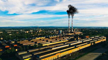 Coal fired power station. Cole power plant industry chimney release dirty carbon monoxide smoke air...