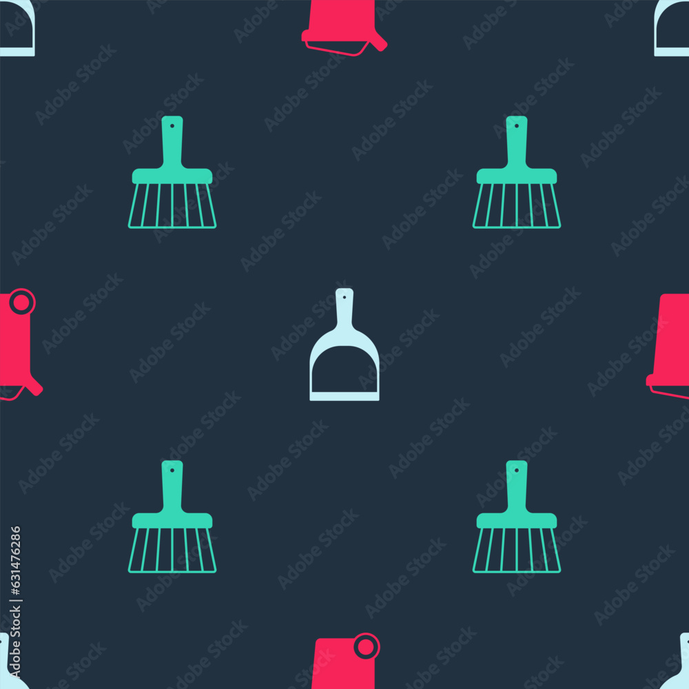 Poster set trash can, dustpan and handle broom on seamless pattern. vector
