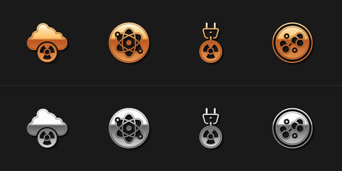 Set Acid rain and radioactive cloud, Atom, Radiation electrical plug and Molecule icon. Vector