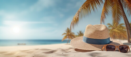 A banner for summer travel featuring a vacation and adventure concept. The picture a sandy tropical