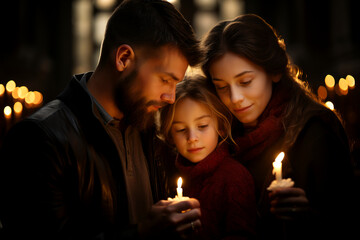 Beautiful Christian family with a child praying over candles in church. Mother, father and their little kid worship as a family. Believers in Christ.