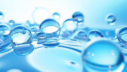 Oxygen bubbles in clear blue water, close-up. Mineral water. Water enriched with oxygen. Generated with AI