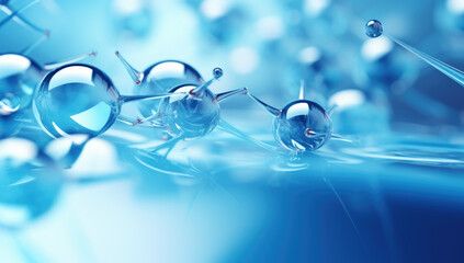 Oxygen bubbles in clear blue water, close-up. Mineral water. Water enriched with oxygen. Generated...