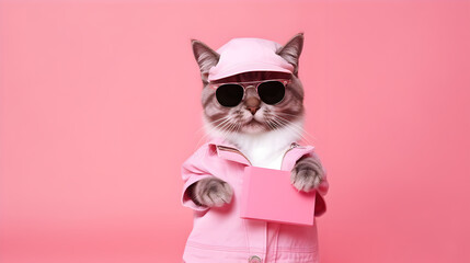 Fashionable scottish breed cat wearing sunglasses, pink cap and clothes, holding gift box in paws on pink background with copy space.