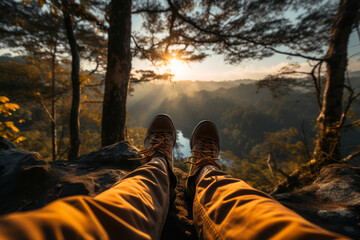 Legs of a hiker admiring a scenic view from a mountain top. Hiking and trekking on a nature trail. Traveling by foot.