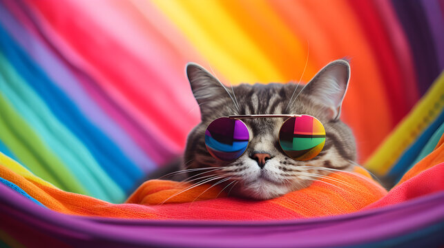 Adorable striped cat wearing sunglasses relaxing enjoying resting in hammock in rainbow colorsю