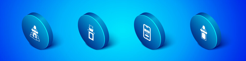 Set Isometric Auction auctioneer sells, Online, and ancient vase icon. Vector