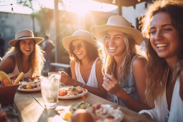 Group of cheerful friends having fun at dinner party. Multi-ethnic people having a get together outdoors.