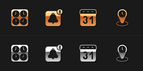Set Time zone clocks, Alarm app mobile, Calendar and icon. Vector