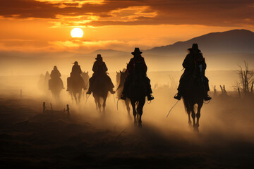 Group of people horse riding on the beach at sunrise. Foggy morning on a sandy beach.