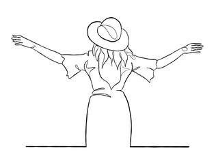 Continuous one line drawing of happy woman illustration. Vector illustration.