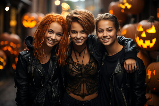Group of friends dressed in goth black costumes. Girls and boys wearing spooky Halloween make-up. Teenage children trick or treating outdoors.