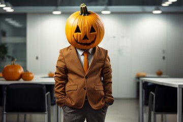 Businessman in a suit with a pumpkin in place of his head. Halloween concept. Background with selective focus and copy space - obrazy, fototapety, plakaty
