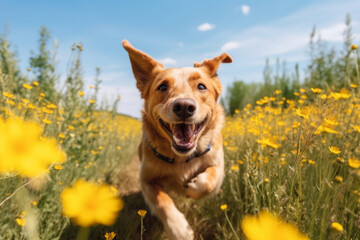 Friendly happy dog running at fast pace towards the camera in a blossoming flower meadow on sunny summer day. Walking a dog outdoors. Super wide angle shot. - Powered by Adobe