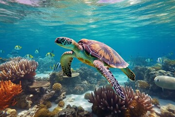 Beautiful turtle under sea water. AI generated, human enhanced.