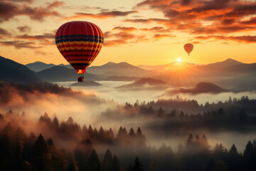 Colourful hot air balloon floating over distant fields and meadows covered with fog on sunny sunrise.