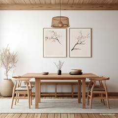 home interior design mock up template showcase dinning room in natutal wooden colour material scheme ideas concept with frame of sample artwork photoframe on the wall background ,ai generate