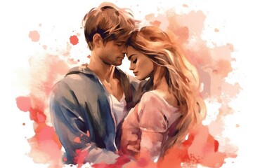 Young beautiful couple gently hugging. Watercolor style illustration. Generative AI