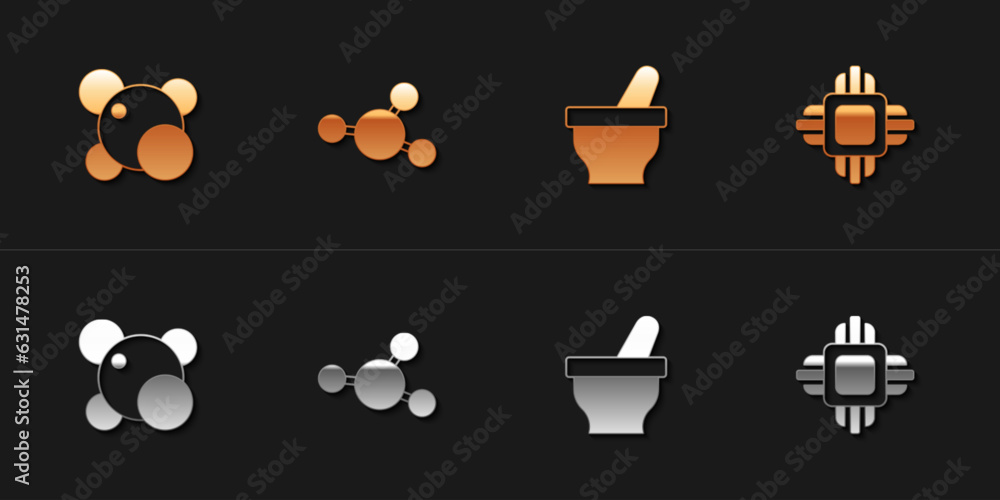 Poster set molecule, mortar and pestle and processor cpu icon. vector