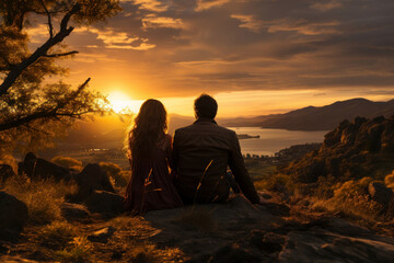 Silhouettes of a young couple admiring beautiful view on sunset. Man and woman looking at scenic evening landscape.