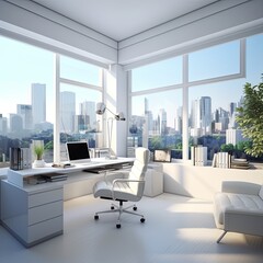 white clean and clear office working space interior design ideas concept comercial space design for workstation  modern beautiful material design background,ai generate