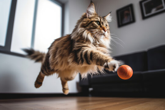 Maine coon cat jumping around playing with a cat toy at home. Having fun with pets indoors. Super wide angle shot.