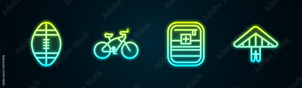 Canvas Prints Set line Rugby ball, Bicycle, First aid kit and Hang glider. Glowing neon icon. Vector