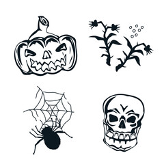 Halloween icons or stickers set in black and white stamp graphic style. Halloween design elements with skull, spider and bats, hand drawn vector illustration isolated on white background.