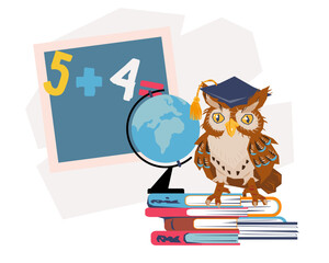 Obraz premium Education and knowledge topic banner or poster, design element and school symbol. Back to school banner or education emblem with owl, flat vector illustration isolated on white background.