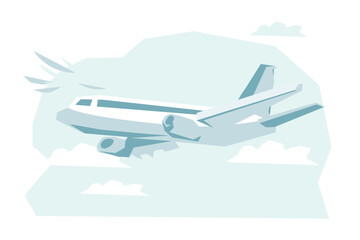 Obraz na płótnie Canvas Plane flies in the sky among the clouds. Airplane takeoff for airline logo, airline tickets and travel advertising, flat vector illustration isolated on white background.