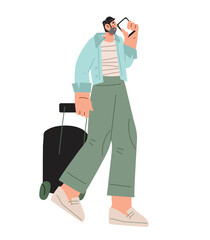 Male tourist traveling on vacation, flat vector illustration isolated on white background. A man with a suitcase travels by plane or train.