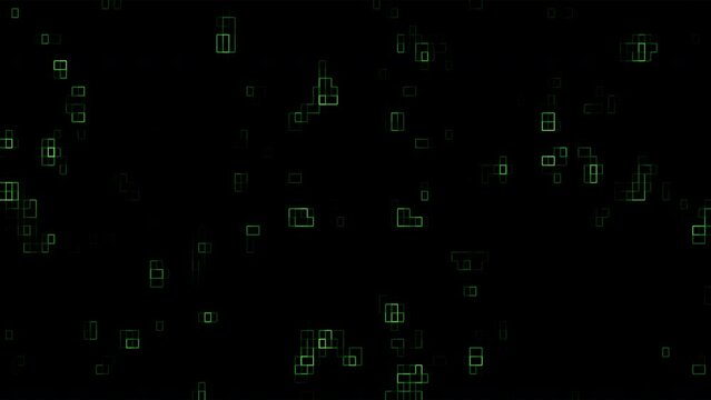 Green light on geometric square looping animation  background. Abstract particle wallpaper background.