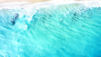 Beach and waves from top view. Turquoise water background from top view. Summer seascape from air. Top view from drone. Travel concept and idea, view of the ocean from above, generated AI 