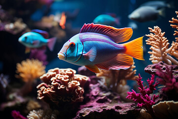Colourful fish swimming in underwater coral reef landscape. Deep blue ocean with colorful fish and marine life.