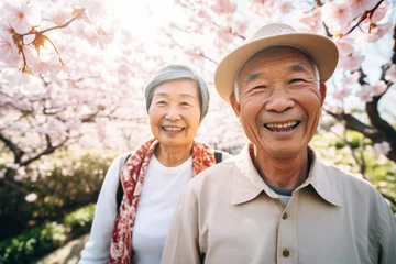 Happy senior asian couple walking a blossoming sakura park on spring evening. Retired husband and wife having fun outdoors. Retirement hobby and leisure activity for elderly people. © MNStudio
