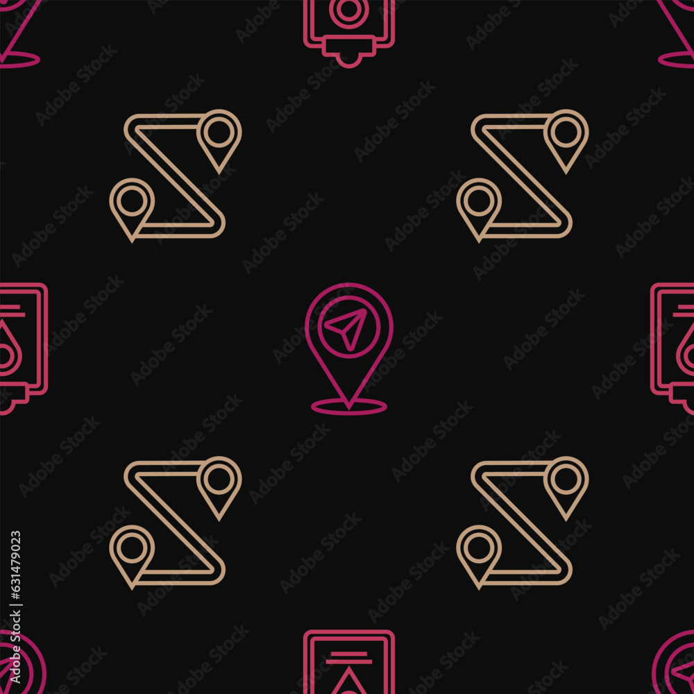 Poster set line folded map with location marker, route and location on seamless pattern. vector