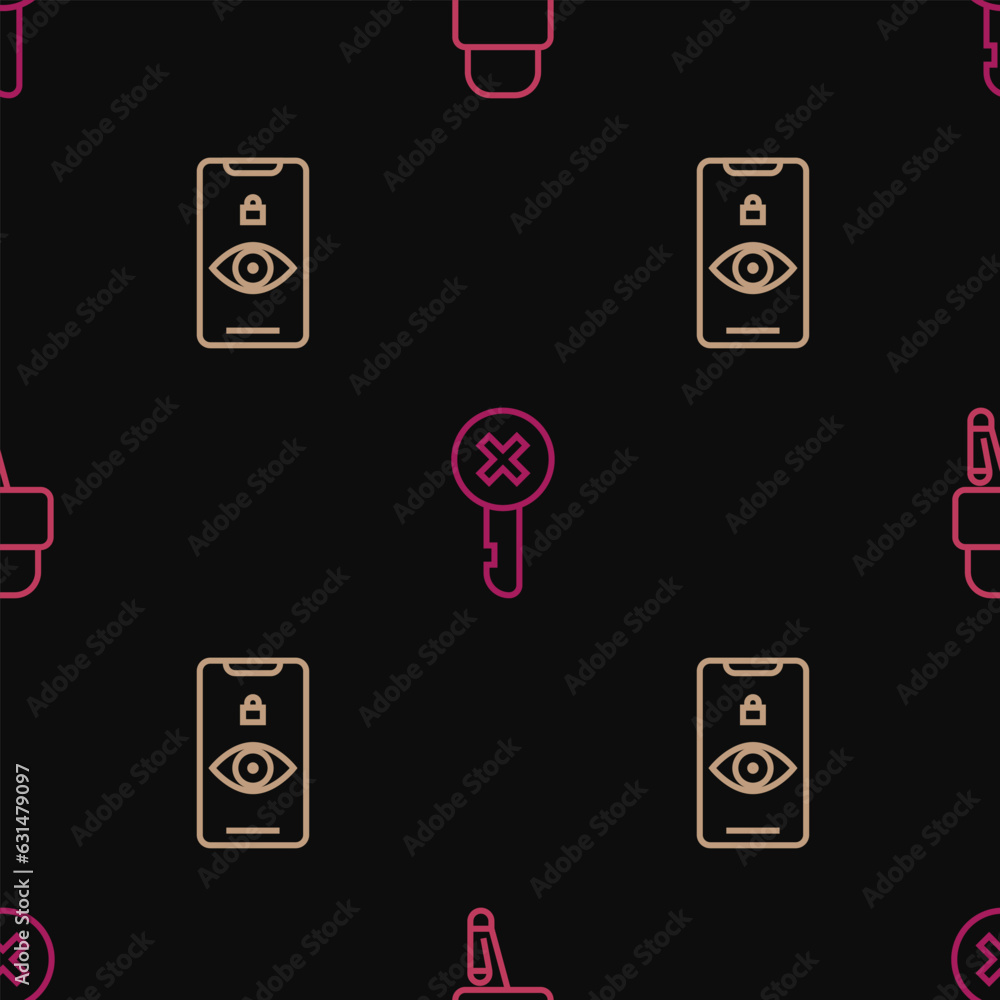 Poster set line lock picks for lock picking, eye scan and wrong key on seamless pattern. vector