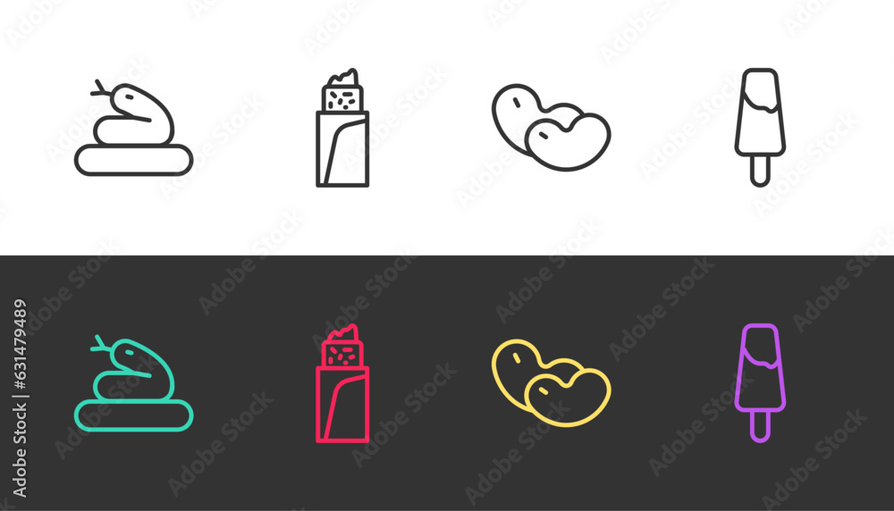 Sticker Set line Snake, Burrito, Beans and Popsicle ice cream on black and white. Vector