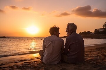 Senior lgbt man happy moment on the beach with golden hour with domestic life.