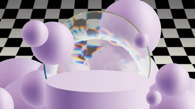 Purple 3d podium with 3d bubbles and glass arch in chessboard background