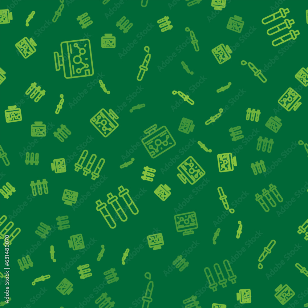 Poster set line genetic engineering modification, reagent bottle and pipette on seamless pattern. vector