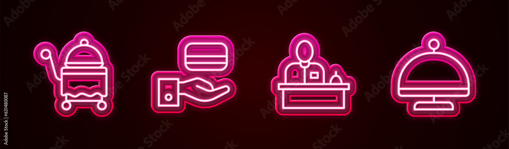 Sticker set line covered with tray, digital door lock, hotel reception desk and . glowing neon icon. vector