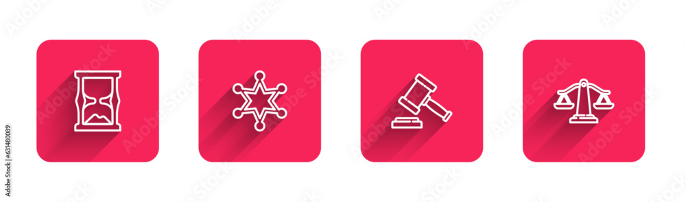 Poster set line old hourglass, hexagram sheriff, judge gavel and scales of justice with long shadow. red sq
