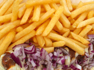 Dutch fries with frikandel and red onions