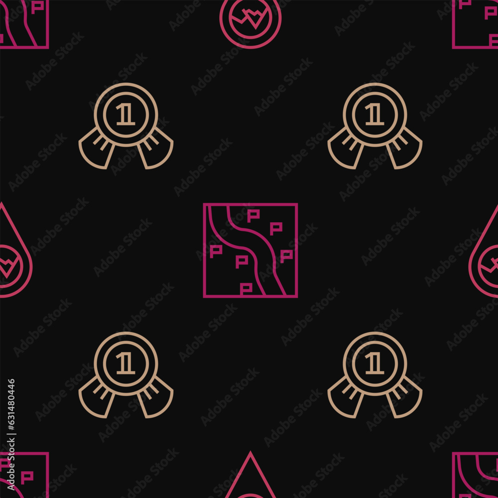 Poster set line location with mountain, medal and route location on seamless pattern. vector
