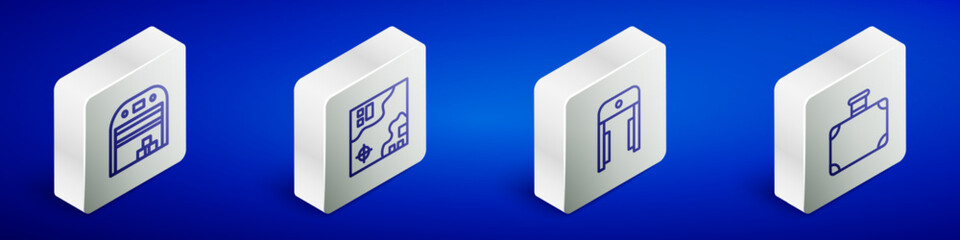 Set Isometric line Aircraft hangar, World travel map, Metal detector in airport and Suitcase icon. Vector