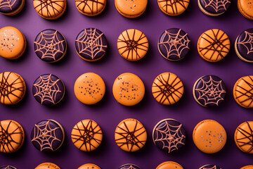 Halloween macarons: delicious macarons pattern in orange color and purple color with spider webs on...