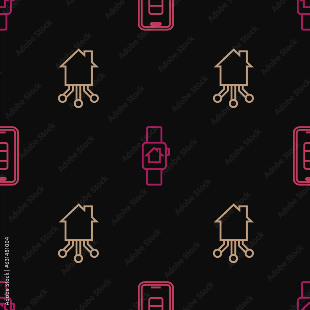 Poster set line smartphone battery charge, home and with smart watch on seamless pattern. vector